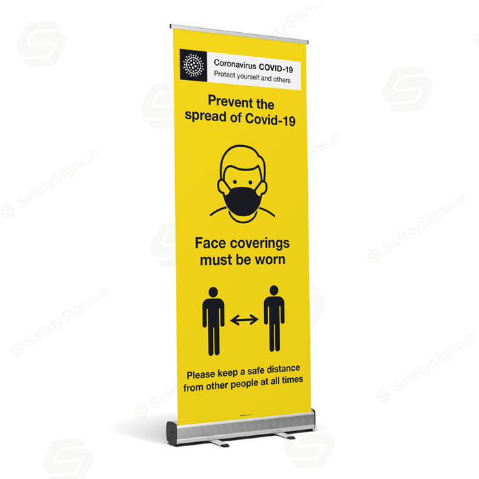 Covid-19 Face Coverings and Safe Distance - Pullup Banner - 62152